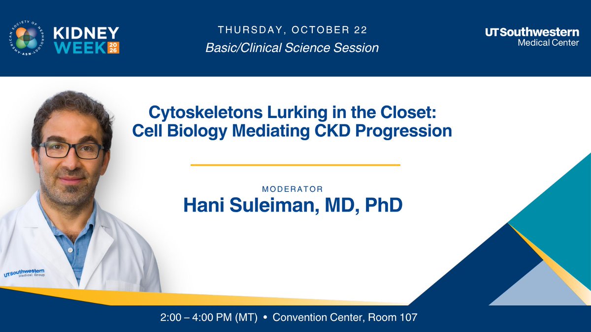 UTSWNephrology's tweet photo. π€ More @UTSWNephrology representation at #KidneyWk 2026!
π Dr. Shani Shastri and Dr. Hani Suleiman are moderating sessions this afternoon!
π« Expanding the Use of Home Dialysis
π¬ Cell Biology Mediating CKD Progression
π
TODAY | 2β4 PM MT
#UTSWNephrology https://t.co/uxpTMqYavT