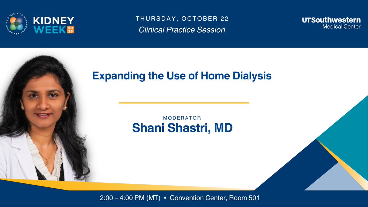 UTSWNephrology's tweet photo. π€ More @UTSWNephrology representation at #KidneyWk 2026!
π Dr. Shani Shastri and Dr. Hani Suleiman are moderating sessions this afternoon!
π« Expanding the Use of Home Dialysis
π¬ Cell Biology Mediating CKD Progression
π
TODAY | 2β4 PM MT
#UTSWNephrology https://t.co/uxpTMqYavT
