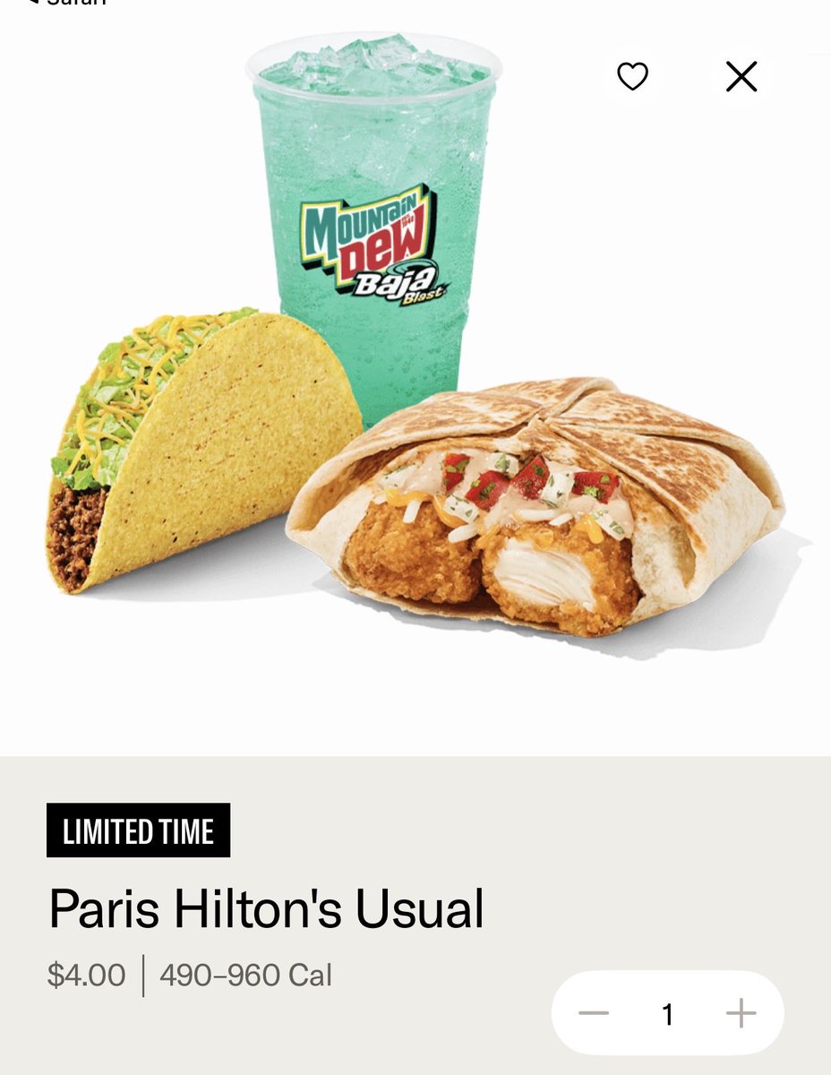 Nyhmnim's tweet photo. Taco Bell is doing this new “celebrity usual” meal deal and it’s just the most pedestrian order ever. @ParisHilton you are a LARPer give up the gig https://t.co/XlSeMsXMHh