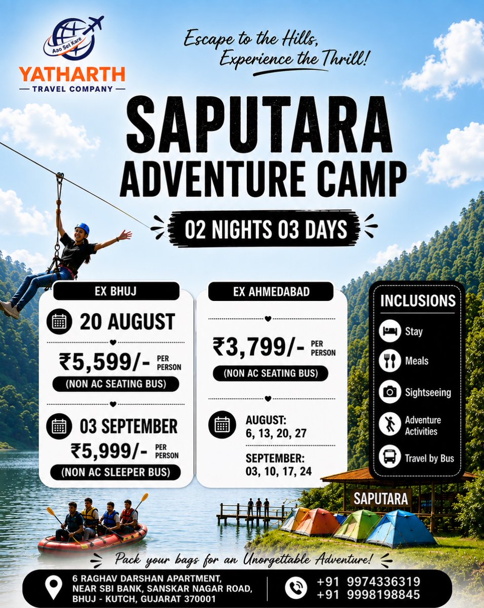 Villa2320's tweet photo. Saputara Adventure Camp: 2 nights, 3 days of camping, sightseeing, meals and adventure activities. Departures from Bhuj and Ahmedabad in August-September 2026. Limited seats. Contact Yatharth Travel Company: +91 9974336319, +91 9998198845 https://t.co/dJ0SztwZLW