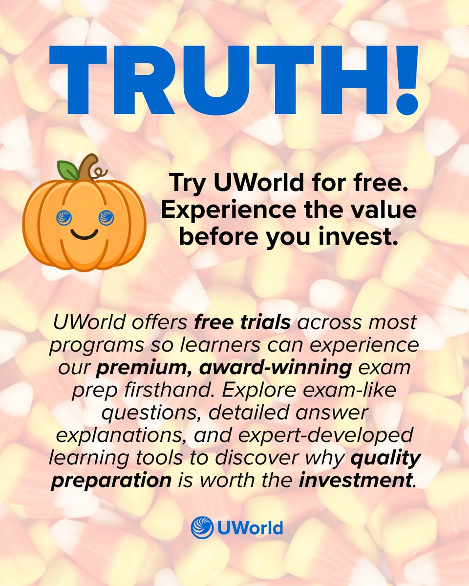 UWorld's tweet photo. Big exams. Big goals. Big decisions. 👻

The right prep is worth exploring before you invest.

🎃 Visit https://t.co/WtKgMzrmI6 and look for the Free Trial button on eligible products.

#ExamPrep #StudySmarter https://t.co/91D0hTouSV