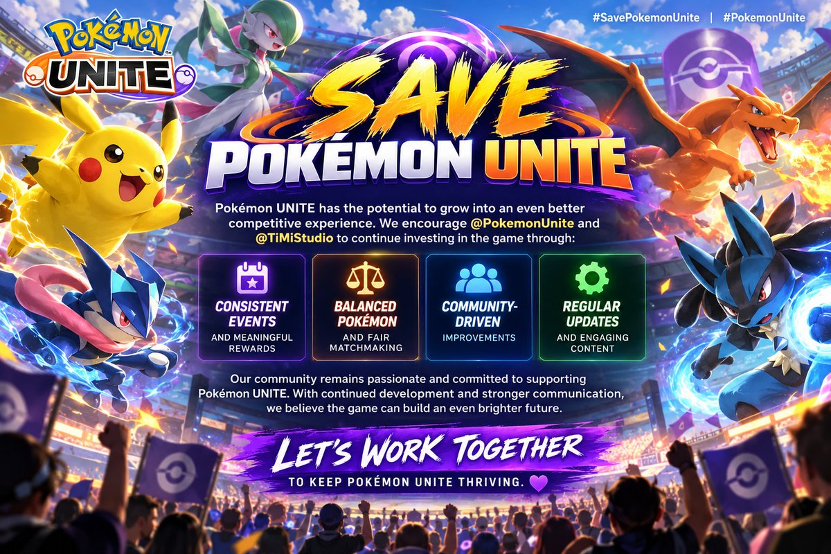 xeno7yt's tweet photo. #SavePokemonUnite | #PokemonUnite

We encourage @PokemonUnite and @TiMiStudio to prioritize meaningful updates, better events, fair matchmaking, and community feedback.

Our community is ready to support the game. Let’s build a stronger future for Pokémon UNITE. 💜 https://t.co/oOg4qvZdEW