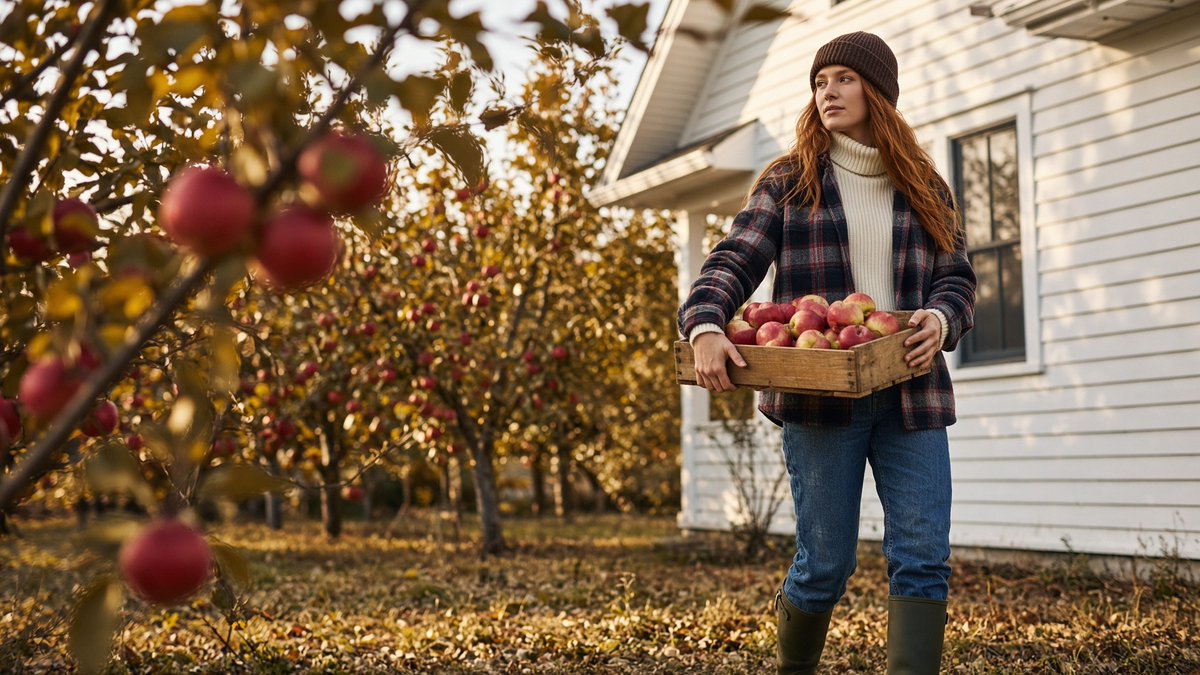 SofyLightAI's tweet photo. Vermont orchard, apple harvest. Low and wide through the branches, late golden light. Prompt in replies. #GrokImagine https://t.co/FQFd9Kg53u