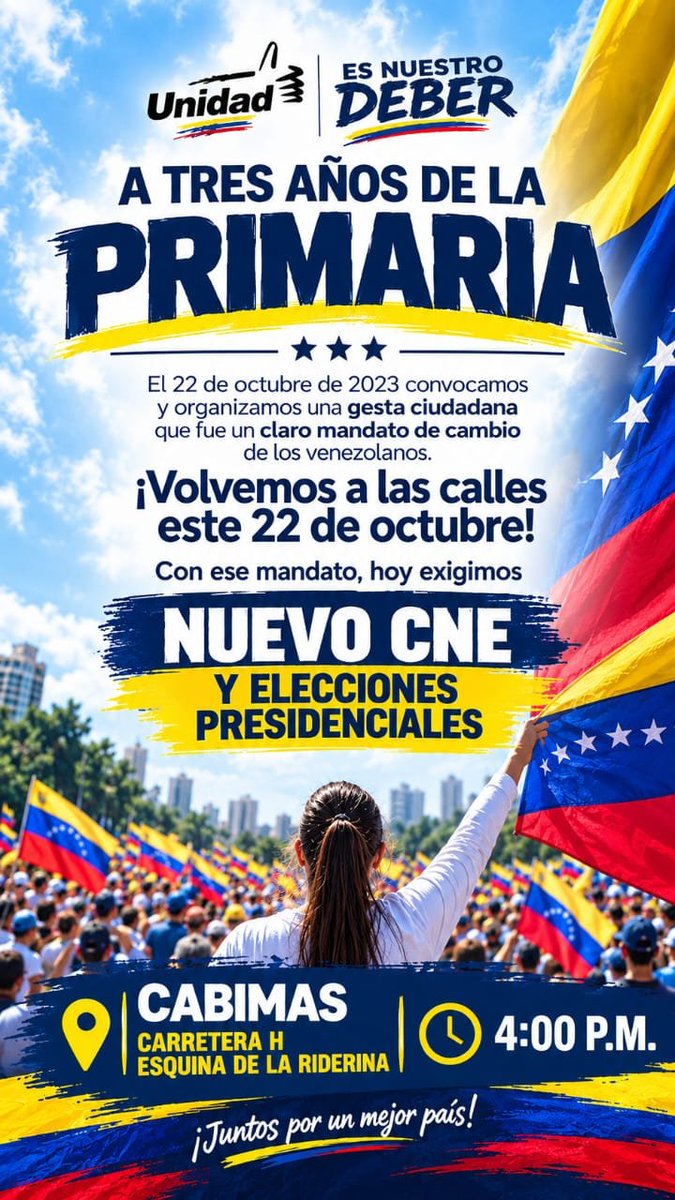 LaCausaRVe's tweet photo. Este jueves #22Oct Venezuela sale a la calle a exigir la convocatoria a #EleccionPresidencialYa
Acudamos al llamado de @MariaCorinaYa.
Estos son los horarios y sitios de concentración en Ejido y Tovar en el edo #Merida, Barcelona, Pto La Cruz en #Anzoategui y Cabimas en el #Zulia https://t.co/50UF8zaqcl