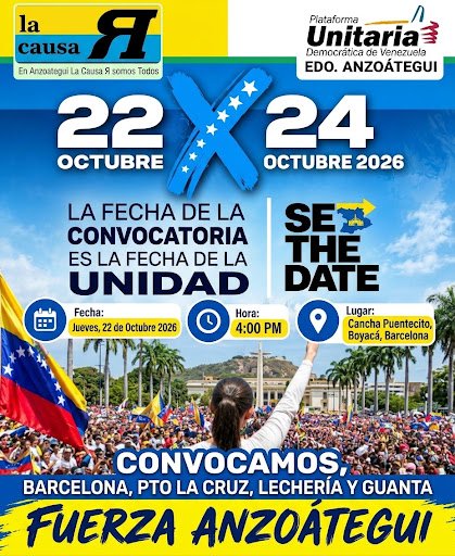 LaCausaRVe's tweet photo. Este jueves #22Oct Venezuela sale a la calle a exigir la convocatoria a #EleccionPresidencialYa
Acudamos al llamado de @MariaCorinaYa.
Estos son los horarios y sitios de concentración en Ejido y Tovar en el edo #Merida, Barcelona, Pto La Cruz en #Anzoategui y Cabimas en el #Zulia https://t.co/50UF8zaqcl