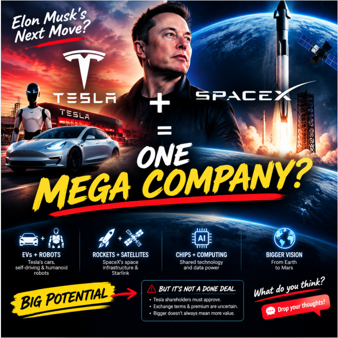 PainlessOne's tweet photo. 🚨 WHAT IF TESLA AND SPACEX BECAME ONE GIANT COMPANY?

I’m Tim Anderson. Here’s how I’m looking at it from a Wall Street trader’s perspective. 👇

$TSLA + SpaceX could be a massive combination — but this is NOT a done deal.

🤖 Tesla brings EVs, autonomous driving & humanoid robots.
🚀 SpaceX brings rockets, satellites & space infrastructure.
🧠 AI, chips and computing could connect the two ecosystems.
The bull case? Shared resources, less duplicated spending, and a much bigger long-term vision.
But here’s the catch:
• Tesla shareholders must approve the deal.
• The exchange terms and any premium remain uncertain.
• Bigger doesn’t automatically mean more valuable.

My take: The real question isn’t how big the combined company could be. It’s whether the deal creates more value for $TSLA shareholders.

If you own Tesla, would you swap your shares for SpaceX equity? And what premium would make it worth it? 👀
#TSLA #SpaceX #ElonMusk #WallStreet #AI