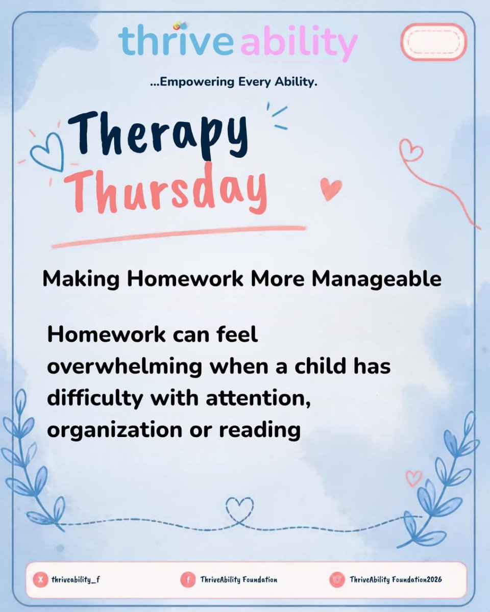 thriveability_f's tweet photo. Simple routines and organized homework strategies can help children approach learning with less stress and more confidence. Support the child,Build the skill and Celebrate the progress. 

#TherapyThursday
#ADHDAwareness
#DyslexiaAwareness 
#ExecutiveFunction 
#ChildDevelopment https://t.co/tjrhLNbahA