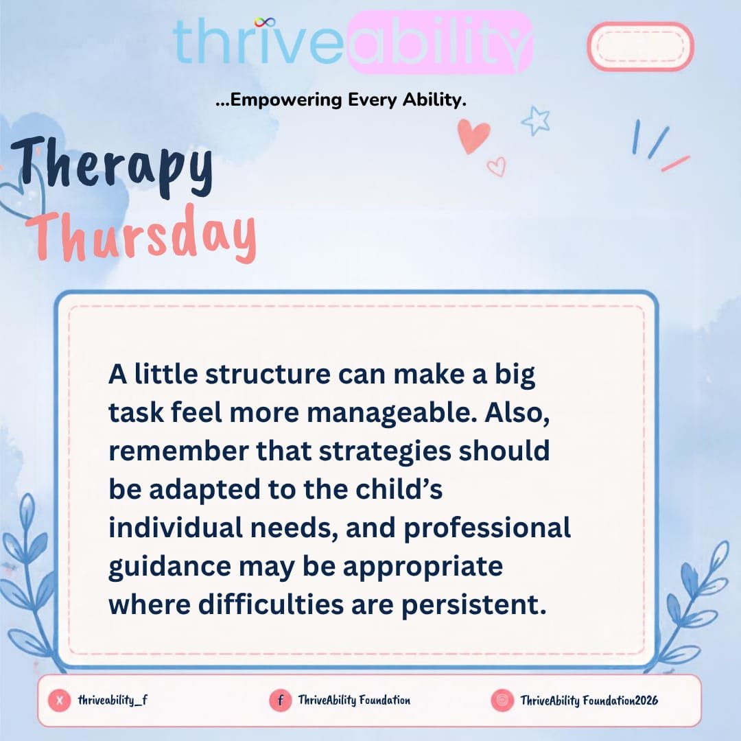 thriveability_f's tweet photo. Simple routines and organized homework strategies can help children approach learning with less stress and more confidence. Support the child,Build the skill and Celebrate the progress. 

#TherapyThursday
#ADHDAwareness
#DyslexiaAwareness 
#ExecutiveFunction 
#ChildDevelopment https://t.co/tjrhLNbahA
