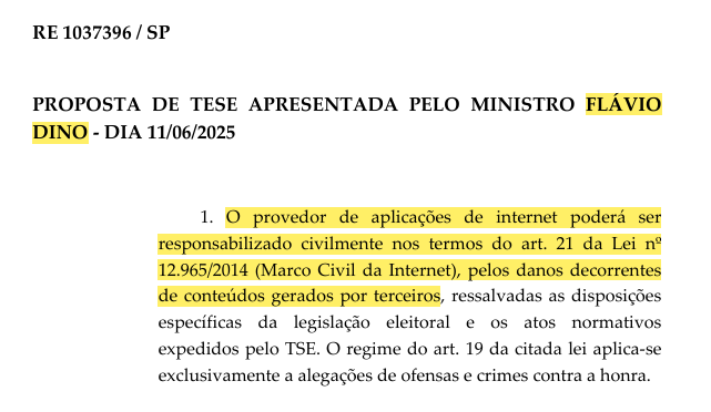 victorosaraiva's tweet photo. Quando você amplia a responsabilidade das redes pelo conteúdo de terceiros, na dúvida, é melhor apagar mesmo.

O Marco Civil foi discutido durante quase cinco anos, passou por consultas públicas, sete audiências e ouviu dezenas de especialistas.

E esse risco foi apontado durante os debates. Era óbvio que isso iria acontecer. Não é surpresa alguma.

E foi para evitar a remoção preventiva de conteúdos que o Congresso optou por exigir ordem judicial para responsabilizar as plataformas.

Aí vieram ministros togados que ninguém elegeu e derrubaram essa escolha legislativa.

Agora é mais seguro para as plataformas censurar preventivamente do que correr o risco de serem responsabilizadas.

Adivinhem qual ministro do STF defendeu essa tese? Adivinhem?

Pois bem, a tese defendida pelo Flávio Dino já está valendo. Aguentem as consequências.