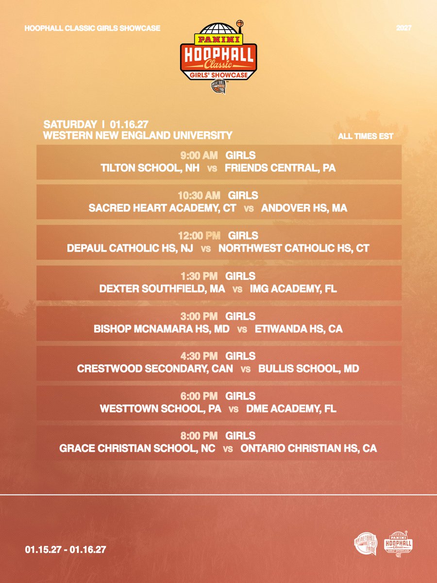 HoophallClassic's tweet photo. Naismith Basketball Hall of Fame Announces schedule for inaugural @PaniniAmerica Hoophall Classic Girls’ Showcase. #HHClassic https://t.co/aXgYTPChKc