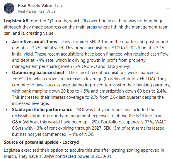 RealAssetsValue's tweet photo. Brief note up on Logistea AB (LOGI.B) - the Swedish micro-cap net lease industrial / logistics PropCo.
Will potential data center development upside get anyones' attention? Oh I forgot we don't like AI / DCs anymore, whoops... How about <10x FFO?
https://t.co/O6Fxq6Ujw9 https://t.co/Ksk5iSe8Pl