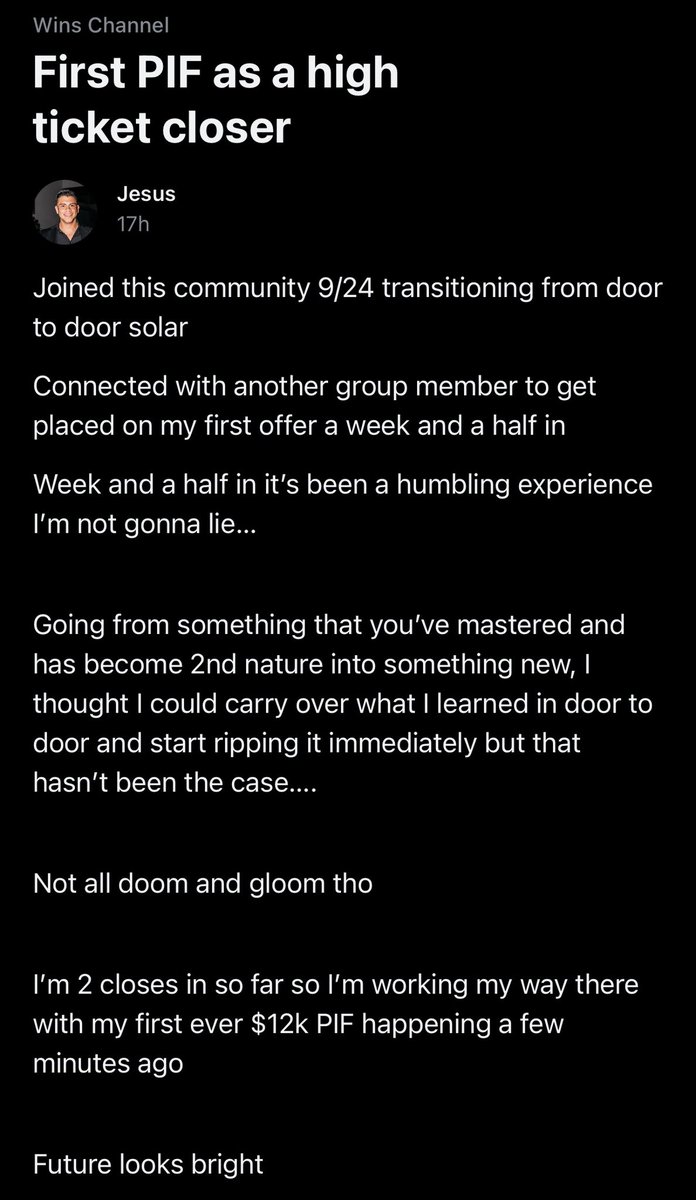 serialsales's tweet photo. Holy wins

Pic 1: closed biggest deal 3rd day into his new offer, $1,600 comms from an inbound call

Pic 2: d2d solar legend joins a team where we have a member doing $50k/mo. Second deal closed, $1,200 for him

Pic 3: 1/1 interviews/offers with a decent team

Pic 4: d2d roofing sales guy is at $11k in comms his first month as an appt setter

Everybody else doing what we do has come and gone

We’re really the best at this point