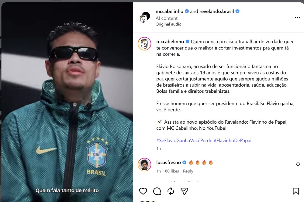 g1's tweet photo. Meta derruba vídeo de MC Cabelinho sobre Flávio Bolsonaro às vésperas do 2º turno https://t.co/giZ1bh5BSv https://t.co/MFyh9VMeJs
