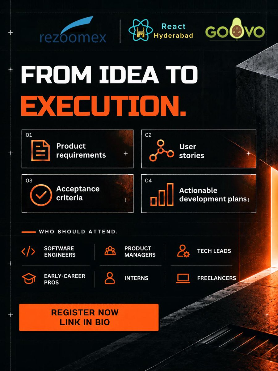 GoAvoAI's tweet photo. Rezoomex shows how AI agents and playbooks turn a rough idea into requirements, user stories and acceptance criteria.

📅 Sat 31 Oct · 10 AM to 2 PM · Hyderabad

AI Product Builders workshop with @React_Hyderabad. Free, 100 curated seats👇
https://t.co/H6CvI1HMej https://t.co/OlIOMWcLw4
