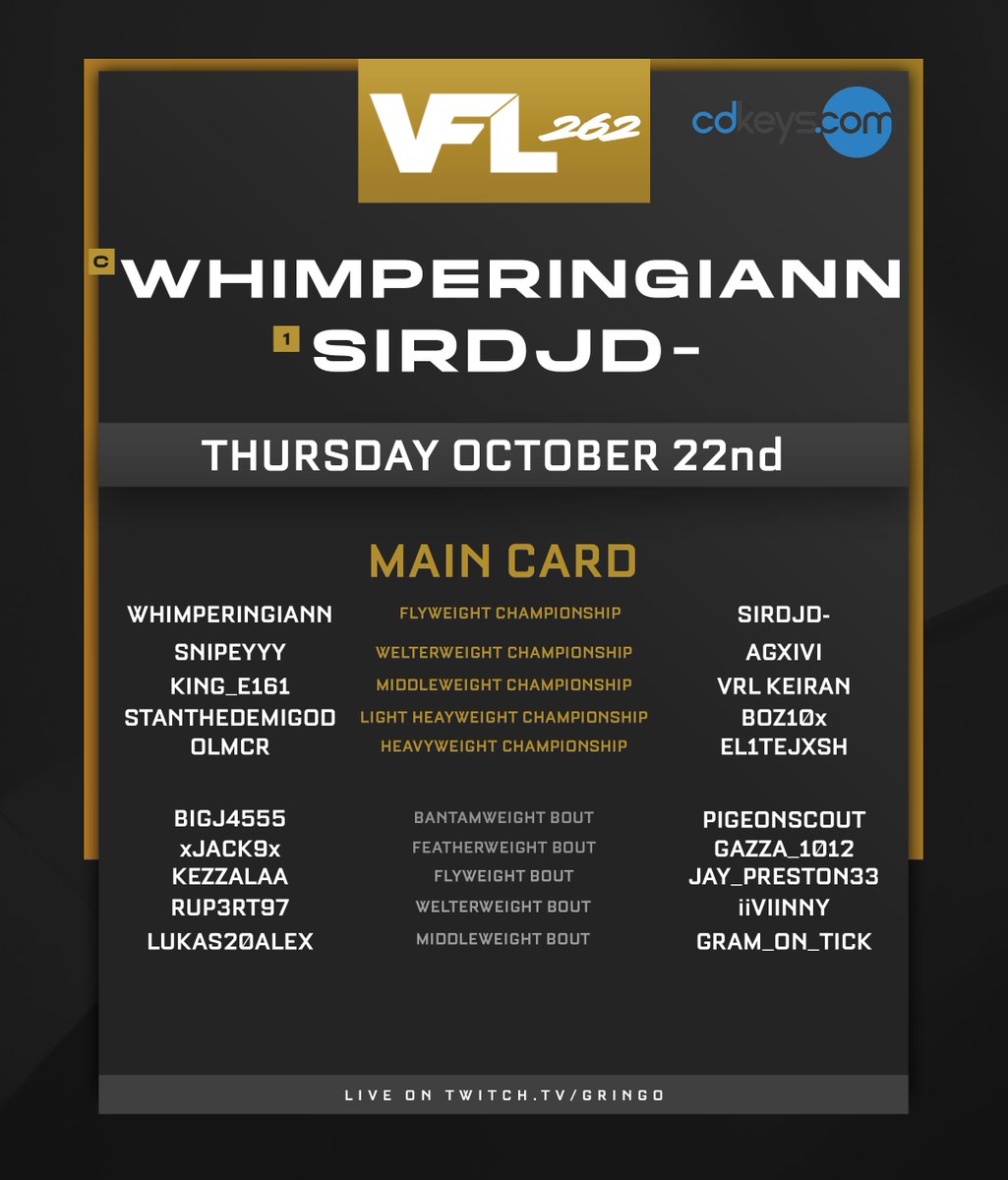 Gringo_AFC's tweet photo. VFL 262: #WhimperingIann vs. #SirDJD III - The VFL Flyweight Championship of the World 🏆

🕖 7pm UK / 2pm US EST for the Fight Pass Prelims!

🕣 8:30pm UK / 3:30pm US EST for the Prelims!

🕙 10pm UK / 5pm US EST for the Main Card!

📹 https://t.co/gNC3at2vOu #VFL #EASPORTSUFC6 https://t.co/CyUwjmkpCw