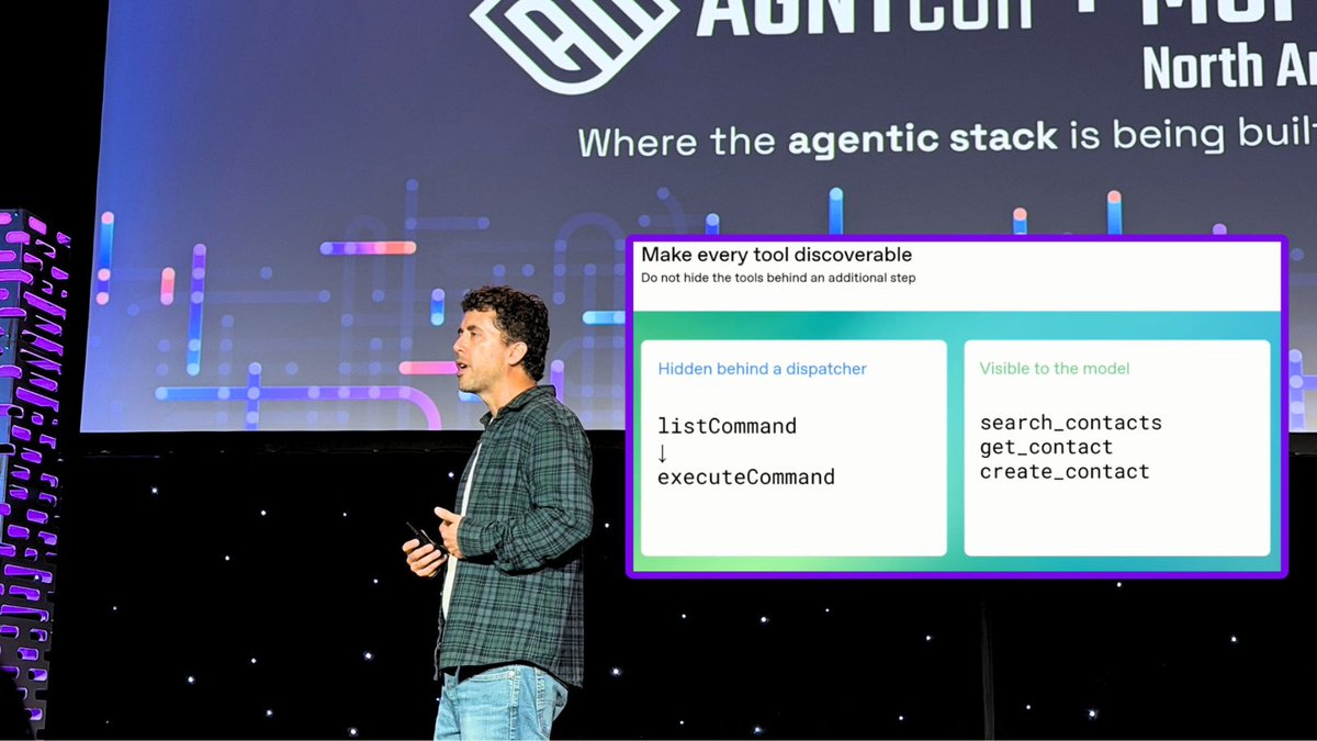 AgenticAIFdn's tweet photo. @sarfata from @OpenAI shared a key takeaway during his “MCP in the Wild” keynote at AGNTCon + MCPCon NA: Make every tool discoverable and ensure annotations accurately describe its capabilities.

Because an agent can't reliably select the right tool if it doesn't know what that tool can do. Livestream: https://t.co/unqHE4HNIl