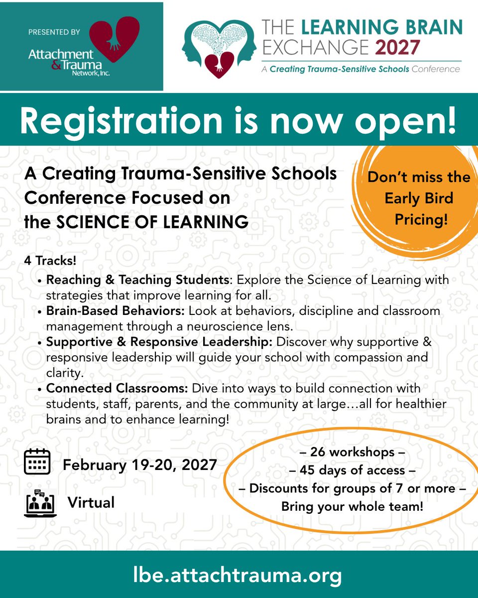 attachtrauma's tweet photo. Registration is open for the 2027 Learning Brain Exchange! 🎉

Register at https://t.co/MFeuuDE2aK.

#LBE27ATN #LearningBrainExchange #AttachmentTraumaNetwork https://t.co/ZIwZdmpSKU