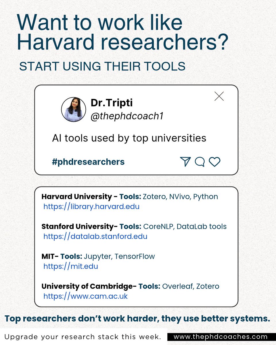 thephdcoach's tweet photo. Want to work smarter in research? Start exploring the tools used at leading universities like Harvard, Stanford, MIT and Cambridge. The right research stack can improve your workflow and productivity.
#PhDResearch #ResearchTools #AcademicWriting https://t.co/goRmgHXCBQ