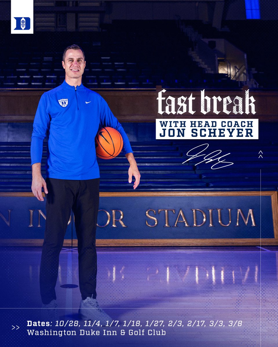 DukeMBB's tweet photo. Fast Break with Coach Scheyer returns next Wednesday at the Washington Duke!

Info/sign up: https://t.co/xOZtrBAsdx https://t.co/fOZdFZXmvC