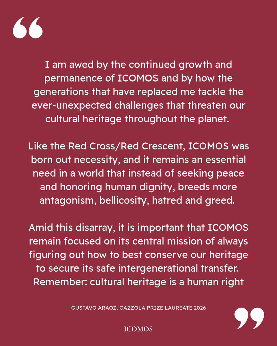 ICOMOS's tweet photo. 1/2 ICOMOS GENERAL ASSEMBLY 2026 | Gustavo Araoz awarded the Gazzola Prize

“Remember: cultural heritage is a human right”, said our 2026 laureate

Learn more about the prize

#ICOMOSGA2026 #ICOMOS #HeritageConservation #GlobalHeritage #GazzolaPrize https://t.co/bh1cQG9BTg