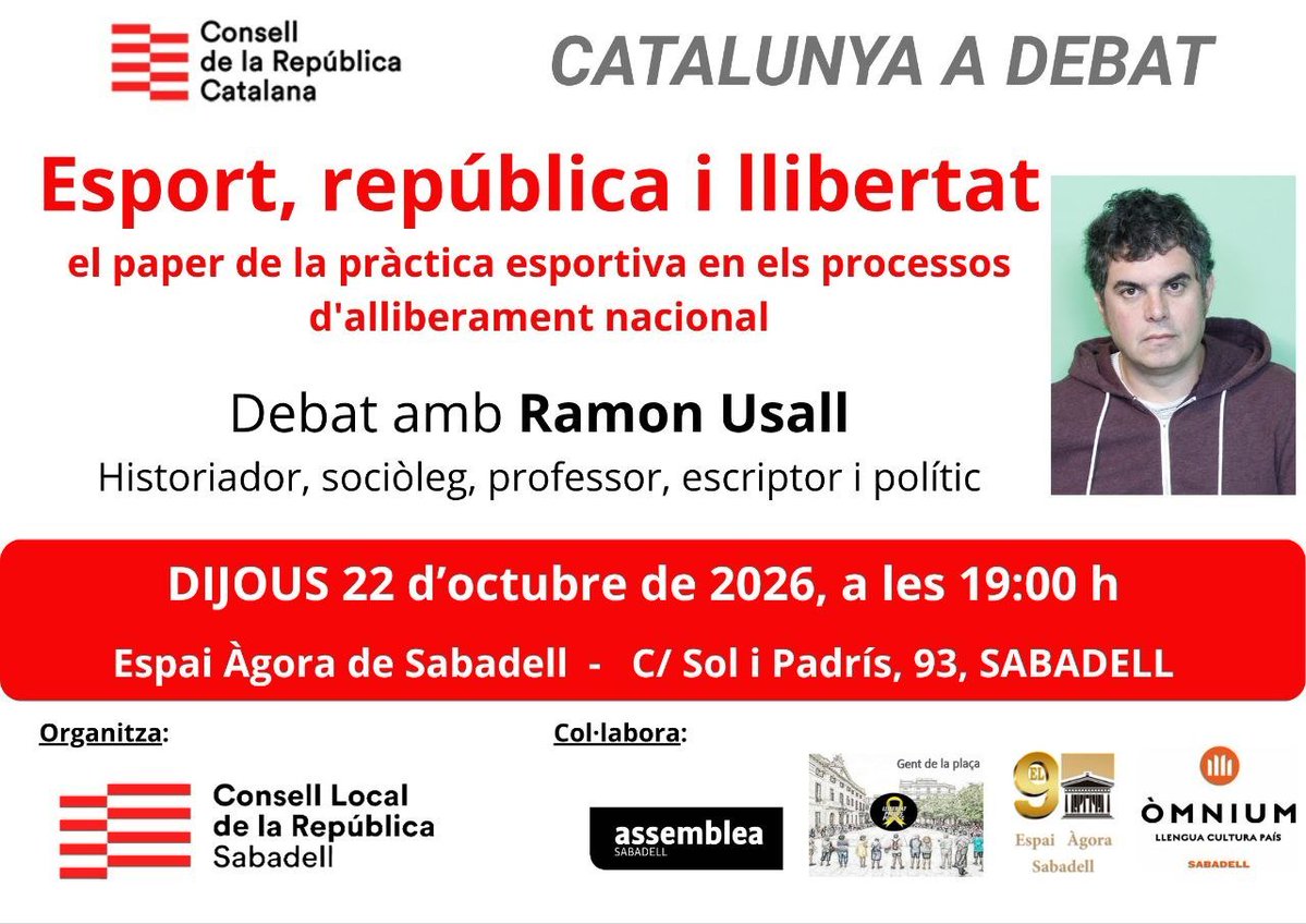 CLdR_Sabadell's tweet photo. Engeguem xerrada  amb en Ramon Usall. 
Parlem d'esport i política. No s'han de barrejar? Que ens completin la frase. El que volen dir és que si no vas a favor de la seva intenció és quan ho fas.
L'esport és un espai en el q hem de plantar batalla. És un fenomen polític d 1r ordre https://t.co/j23LqoOS49