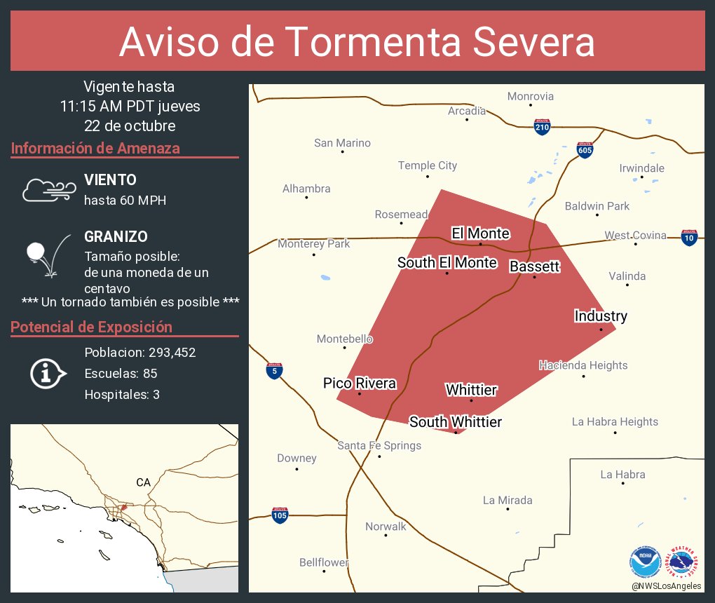 NWSLosAngeles's tweet photo. Aviso de Tormenta Severa incluye El Monte CA, Whittier CA, Pico Rivera CA hasta las 11:15 AM PDT https://t.co/Mknav8pJKs