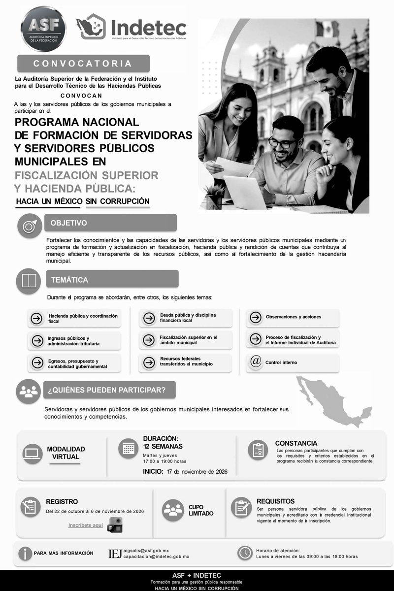 ASF_Mexico's tweet photo. La Auditoría Superior de la Federación fortalece las capacidades de las y los servidores públicos mediante un amplio programa de capacitación en fiscalización superior y rendición de cuentas.

Con servidores públicos mejor preparados y comprometidos con la integridad, un México sin corrupción es posible.

Inscríbete aquí 👇
https://t.co/bpaRZv0vHM