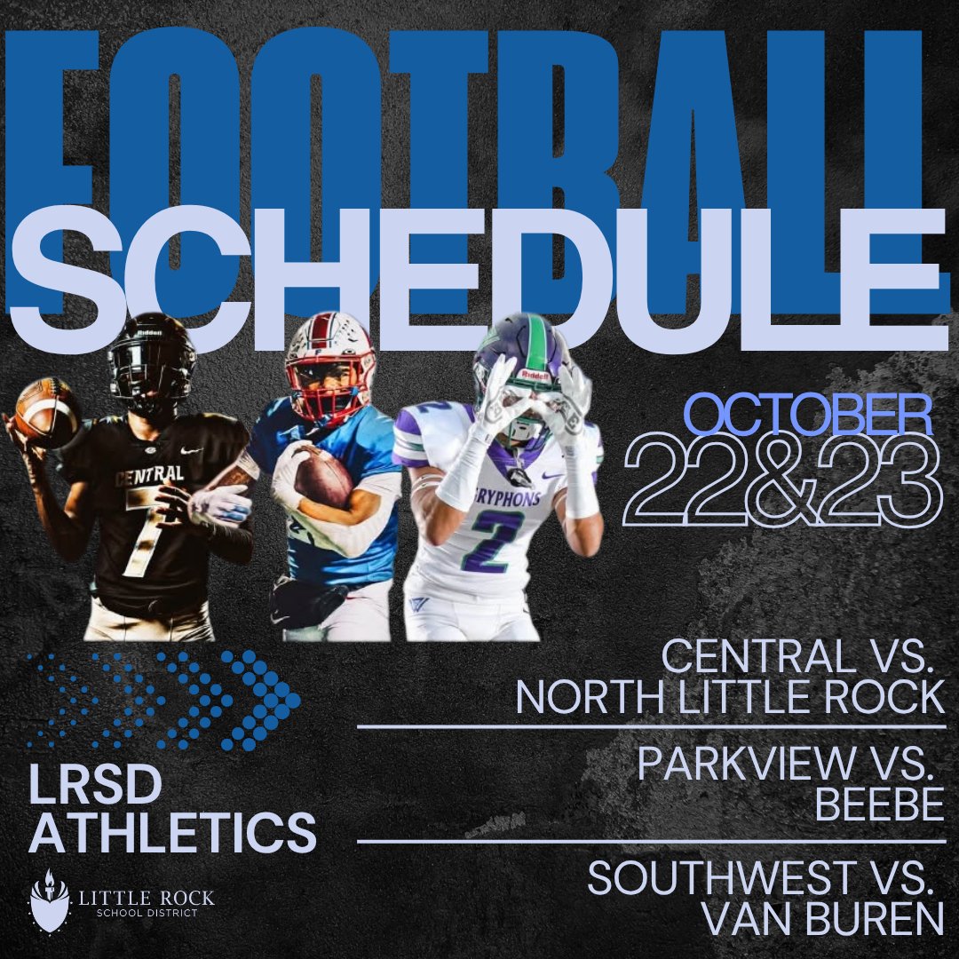 lrsd's tweet photo. 🔥 Friday Night Lights start TONIGHT!

 🏈 THURSDAY: Parkview vs. Beebe
🏈 FRIDAY: Central vs. North Little Rock and Southwest vs. Van Buren!

Good luck to our players, coaches, bands &amp; cheerleaders! Bring home those W's! 👏

#LRSDProud #DiverseVoicesEndlessChoices https://t.co/RxOwqlvlla