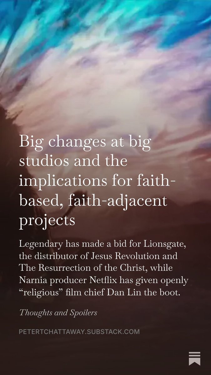 ptchat's tweet photo. Legendary makes a bid for Lionsgate, distributor of Kingdom Story films (Jesus Revolution, Best Christmas Pageant Ever) and Mel Gibson's Resurrection films, while Netflix fires openly "religious" film chief Dan Lin. Possible implications for faith-based films? Link in next tweet. https://t.co/ac6kcw1szg