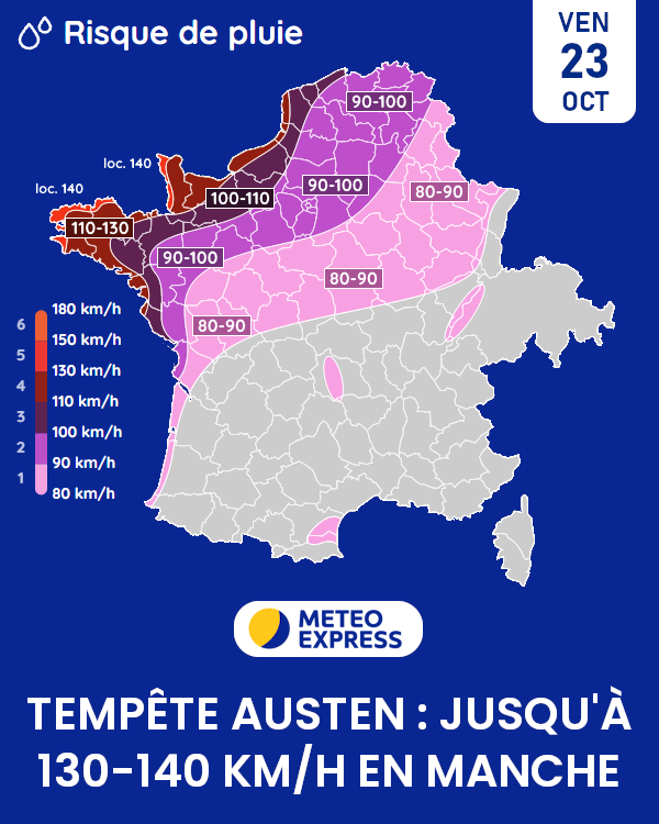 MeteoExpress's tweet photo. 🌀 La tempête Austen frappera le nord de la France et la Belgique ce vendredi. C'est sur les côtes bretonnes et les rivages de la Manche que les vents seront les plus violents, atteignant 120 à 140 km/h ! 💨 https://t.co/eGo7NxTwl1