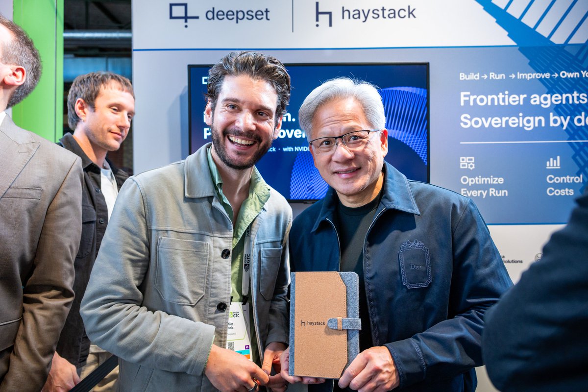 deepset_ai's tweet photo. What a moment for the deepset team at #NVIDIAGTC Berlin! 🚀

We welcomed @JensenHuang to our booth to discuss our work with @nvidia on open, sovereign AI agents and how Haystack is helping scale AI across the @EU_Commission.

And to top it off, Jensen signed our DGX Spark! That one's going straight into the deepset history books.