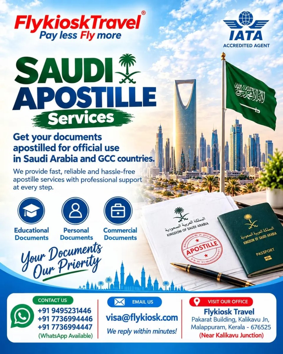 Titomlk's tweet photo. Saudi Apostille സേവനങ്ങൾ ഇനി എളുപ്പത്തിലും പ്രൊഫഷണലായും. Educational, Personal, Commercial രേഖകൾക്ക് വേഗത്തിലും വിശ്വസനീയമായും Apostille സഹായം. നിങ്ങളുടെ രേഖകൾ, ഞങ്ങളുടെ മുൻഗണന. https://t.co/Kr4tfSYUdA