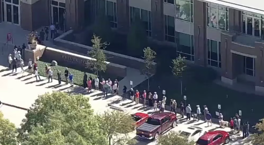 funder's tweet photo. Republicans who run Tarrant County, Texas, closed nearly a third of its Election Day polling places to save $1 million. Trump blew $19 million of yours on ads about himself. Voters lined up anyway. #TrumpsCrimesOnYourDime https://t.co/4m412sbnVh https://t.co/GqUImY4qpZ