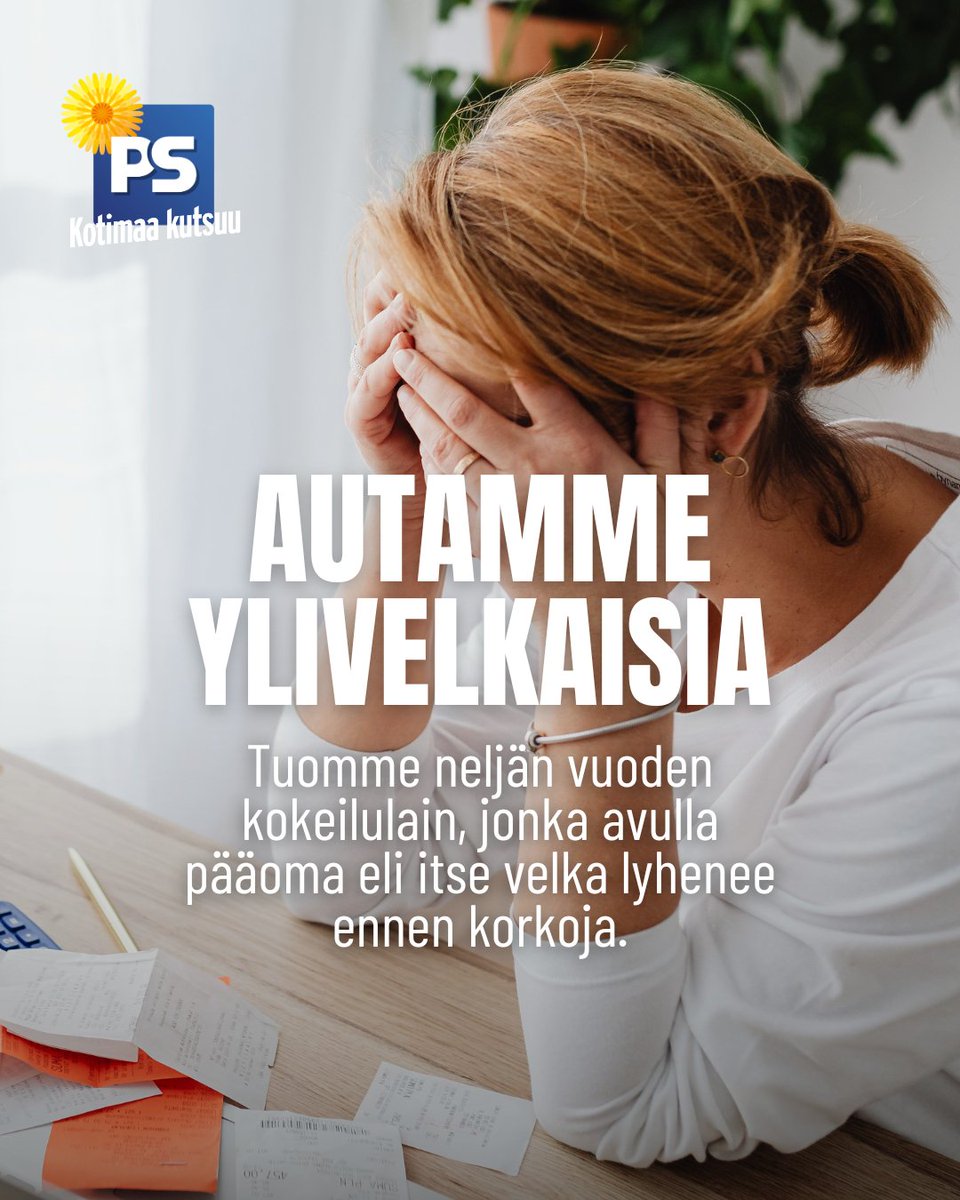 persut's tweet photo. Autamme velkavankeudessa eläviä uudella neljän vuoden kokeilulailla. 

Moni on ajautunut tilanteeseen, jossa kuukausittaiset tulot eivät riitä edes velan korkoihin. Tällöin pääoma eli itse velka ei lyhene. Tämä kokeilulaki mahdollistaa velan lyhenemisen ennen korkoja, jolloin mahdollisuudet päästä eroon veloista ovat realistisemmat.

#ps #perussuomalaiset #velka #velkaantuminen