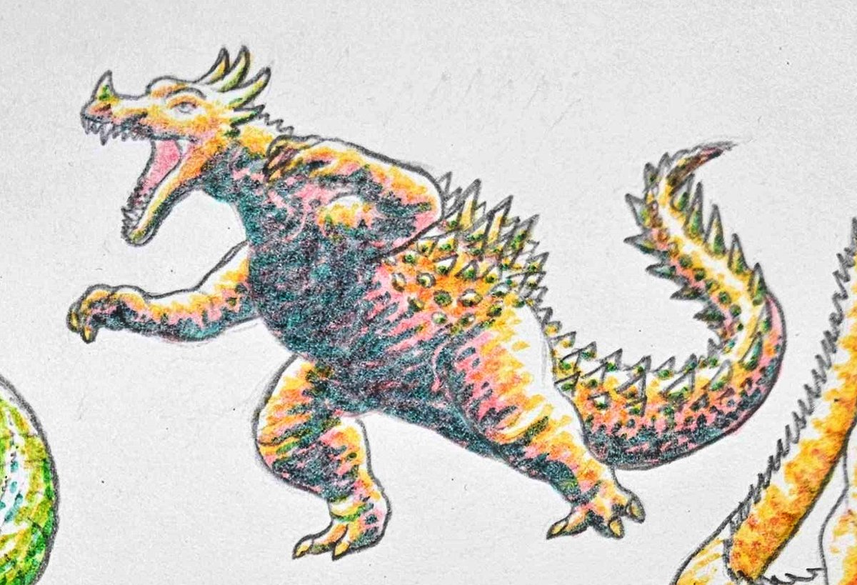 zerer29's tweet photo. Evolution of my Anguirus drawings: october 2024, august 2025 and october 2026 https://t.co/psPOea4P6r