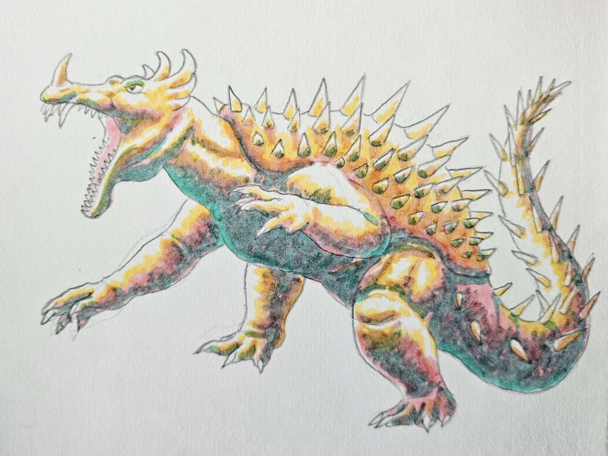 zerer29's tweet photo. Evolution of my Anguirus drawings: october 2024, august 2025 and october 2026 https://t.co/psPOea4P6r