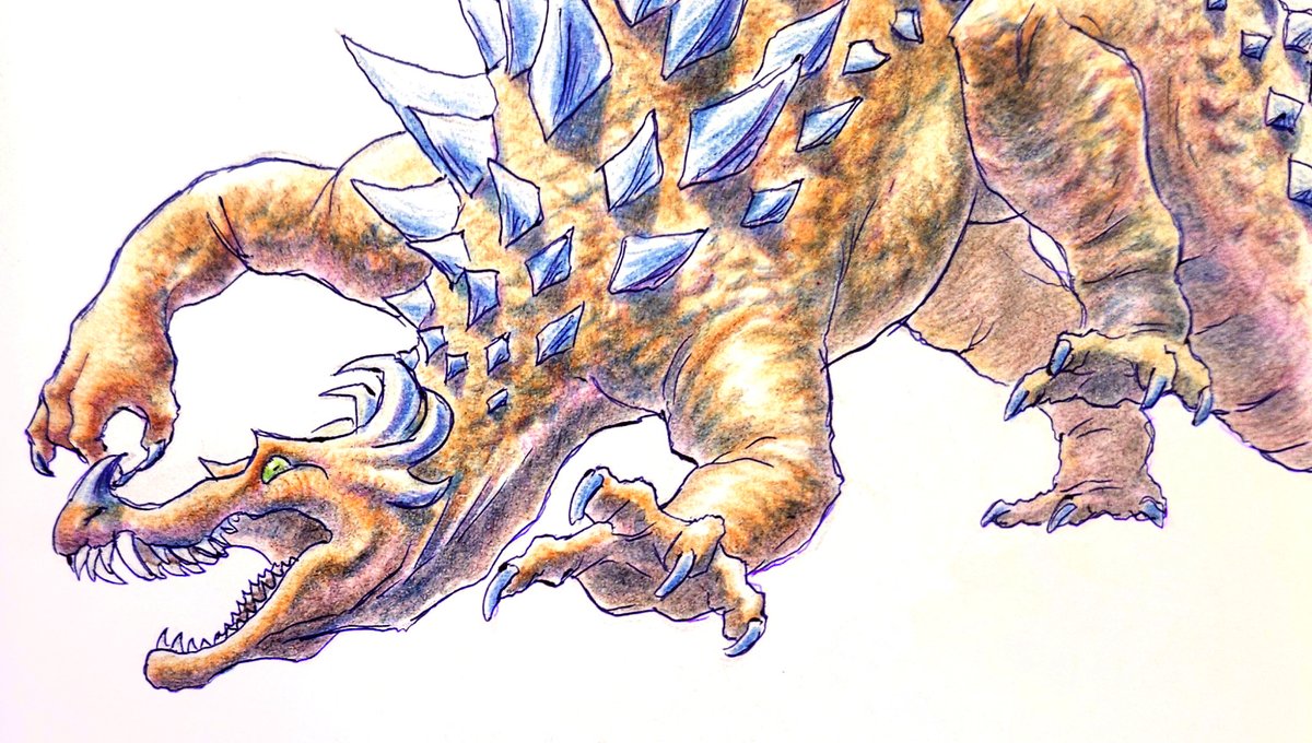 zerer29's tweet photo. Evolution of my Anguirus drawings: october 2024, august 2025 and october 2026 https://t.co/psPOea4P6r