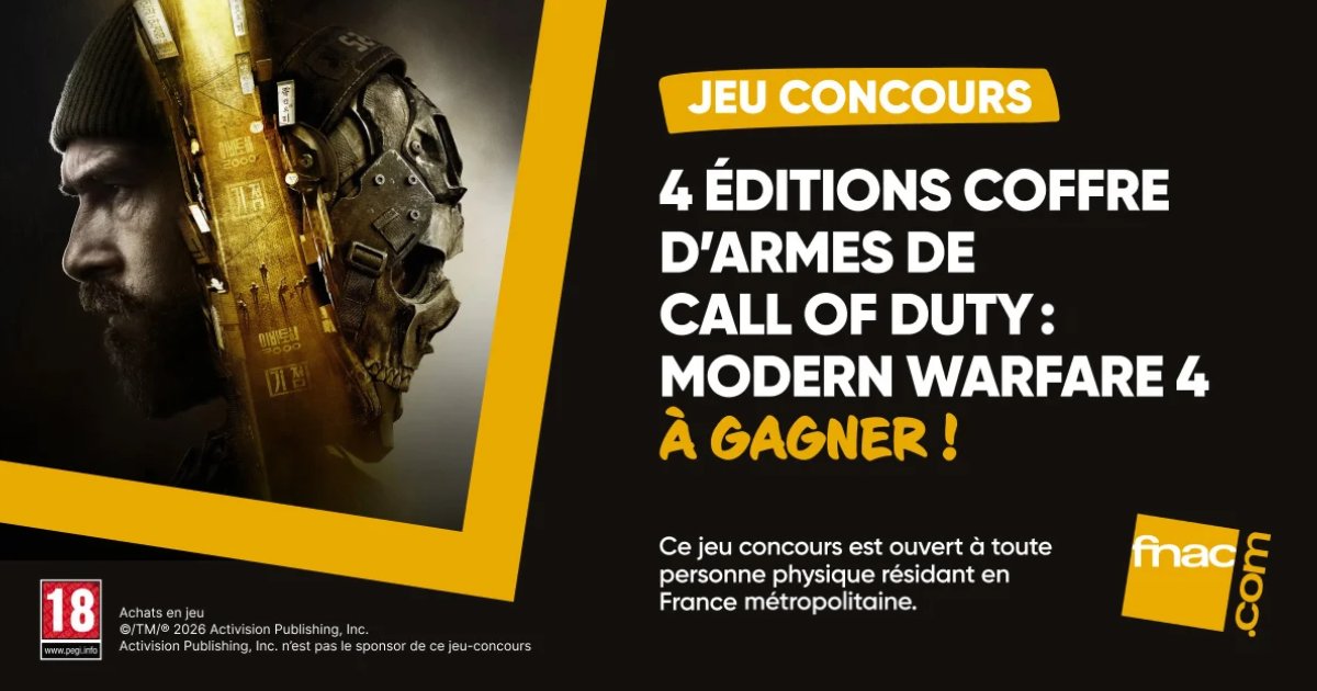 Fnac's tweet photo. #JeuConcours 🎉 Le chaos n’attend plus que vous.

🪖 Tentez de remporter un code d'accès à l'édition coffre d'armes de Call of Duty: Modern Warfare 4.

🎁 Pour participer :
🔁 + ❤️ + 💬
✅ Follow @Fnac 

📅 TAS le 30/10
🏆 4 gagnants

👉https://t.co/HUEHmCDu7b https://t.co/5zuqIuBsLi