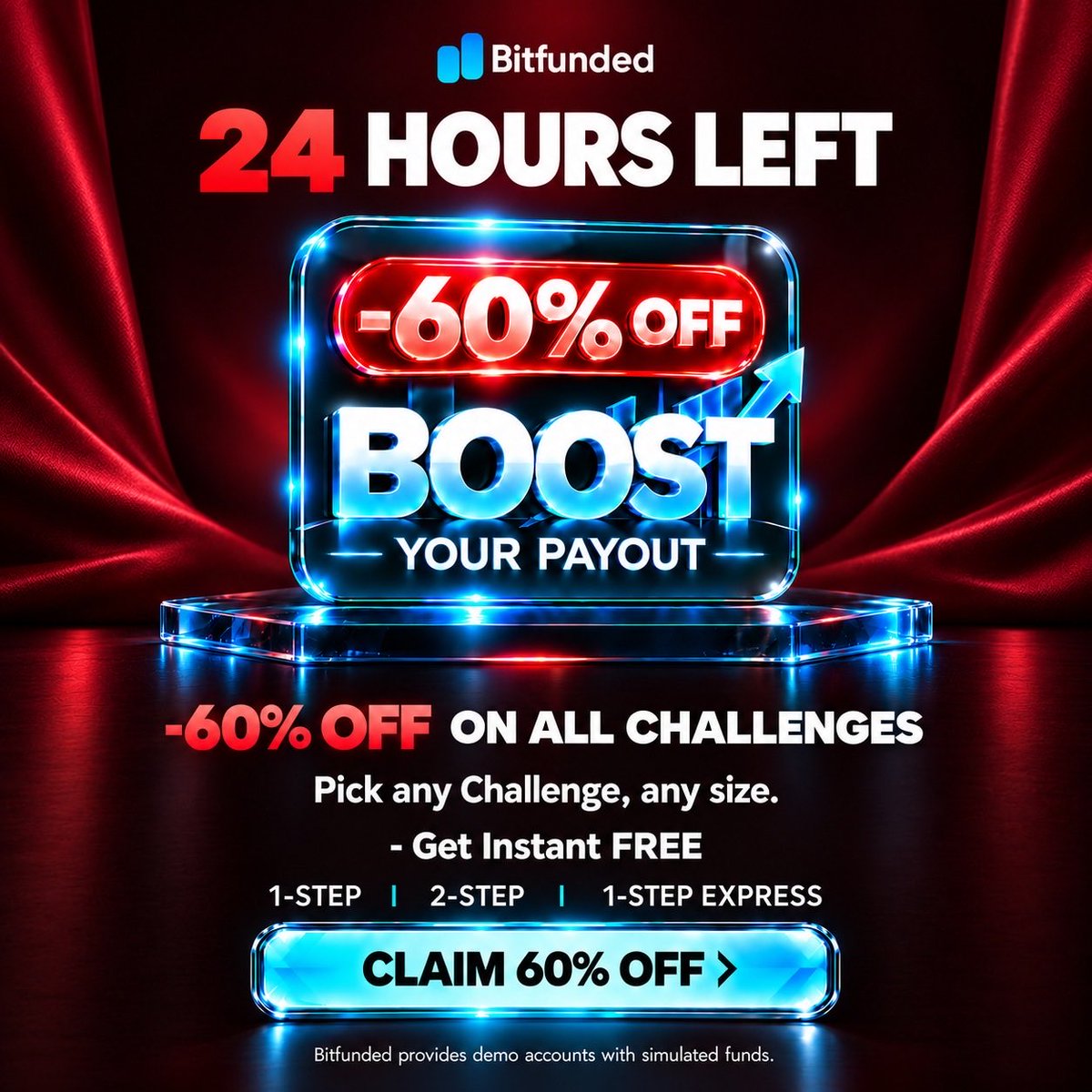 bitfunded's tweet photo. 🚨 LESS THAN 24 HOURS LEFT: BOOST YOUR PAYOUT WITH 60% OFF ‼️

Markets are under pressure as geopolitical tensions escalate. 

Make sure you have enough capital to buy the dip, because the countdown has begun.

🔥 GET 60% OFF: ALL CHALLENGES + INSTANT ACCOUNT FREE 🔥

- $5K 2-Step + $500 Instant: $98 → $39
- $15K 1-Step + $500 Instant: $248 → $99
- $25K 1-Step + $1,000 Instant: $373 → $149
- $50K 2-Step + $1,000 Instant: $498 → $199

👉 CLAIM YOUR 60% OFF NOW