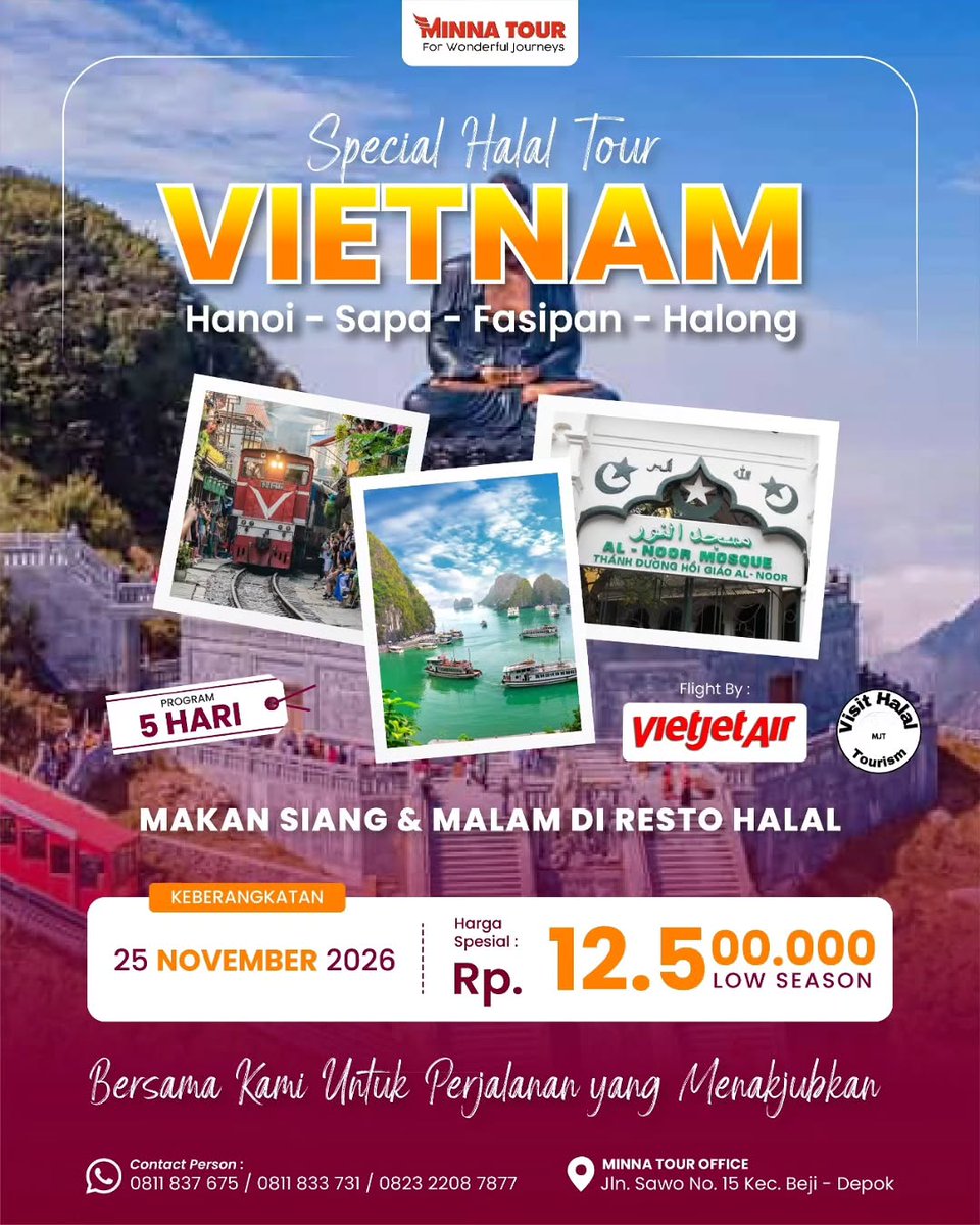 NoTeCopiesPapii's tweet photo. Liburan low season ke Vietnam: Halong Bay, Sapa-Fansipan, dan pesona budaya Hanoi. Bersama Minna Tour, nikmati perjalanan nyaman dan penuh kenangan. Mulai Rp12. 500. 000. https://t.co/yxh8D9O493