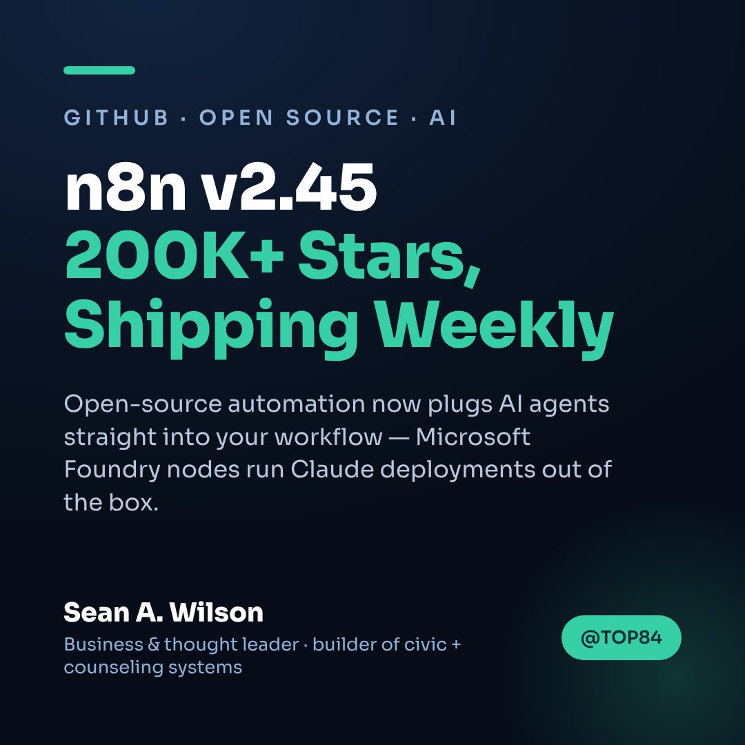 TOP84's tweet photo. n8n shipped v2.45 on Oct 20 → https://t.co/ZnAf5H65bJ parity, Kafka v2 defaults, Microsoft Foundry now runs Claude deployments. 200K+ stars, still shipping weekly.

→ Open-source automation moving at AI speed.

I build workflows on tools like this. What would you automate first?