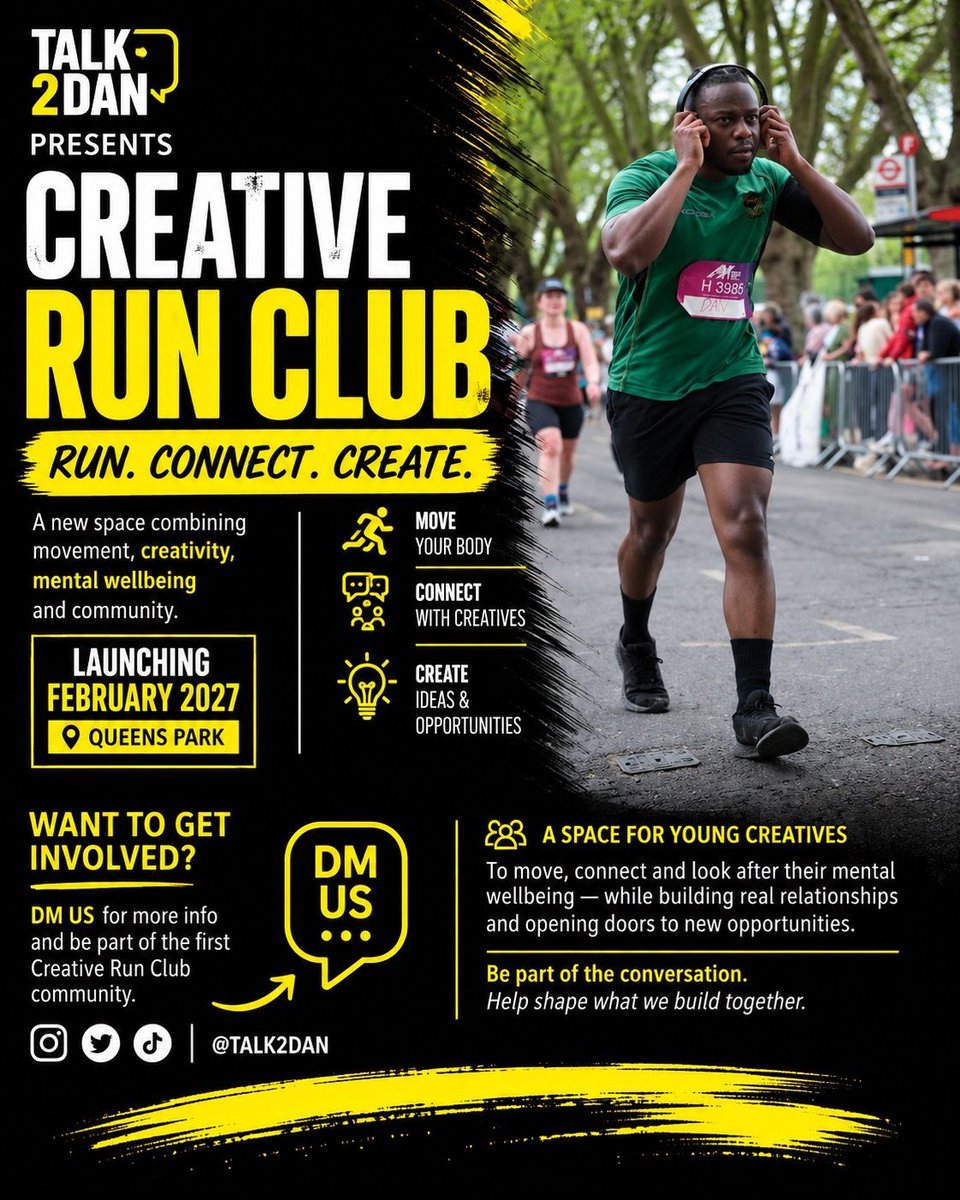 talk2dan_'s tweet photo. 🏃🏾♂️💛 WE'RE LAUNCHING FEBRUARY 2027!
Talk 2 Dan Creative Run Club is coming to Queen's Park, London!
More than a run: movement, creativity, wellbeing & community for young creatives.
Want to get involved? DM us!
RUN. CONNECT. CREATE.
#CreativeRunClub #Talk2Dan https://t.co/hJ9FgA27hW