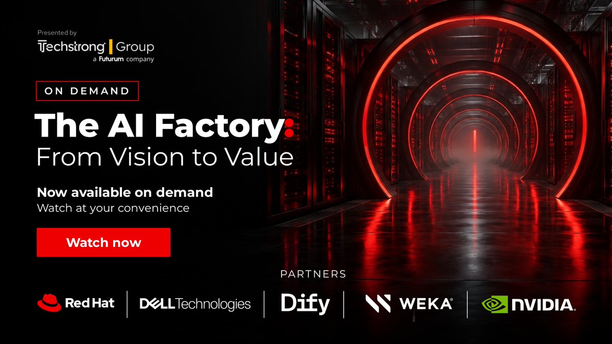 Techstrongai's tweet photo. Enterprise AI is only as strong as the infrastructure underneath it.

𝘛𝘩𝘦 𝘈𝘐 𝘍𝘢𝘤𝘵𝘰𝘳𝘺: 𝘍𝘳𝘰𝘮 𝘝𝘪𝘴𝘪𝘰𝘯 𝘵𝘰 𝘝𝘢𝘭𝘶𝘦 breaks down the architecture, compute and data foundations organizations need to run AI at scale, while keeping control of their data and models.

The full program is now available on demand, so you can watch it whenever it suits your schedule.

Start watching: https://t.co/OVaDFtarrS

#EnterpriseAI #AIInfrastructure #AIStrategy #ArtificialIntelligence