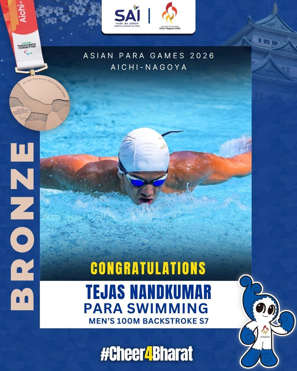 JPNadda's tweet photo. BRONZE FOR BHARAT! 

Best wishes to Tejas Nandkumar on winning Bronze in the Men’s 100m Backstroke S7 at #AsianParaGames2026.

Both his timing and finishing position reflects his dedication and perseverance. A commendable achievement for Indian para-swimming! https://t.co/CcgJoRHSV7