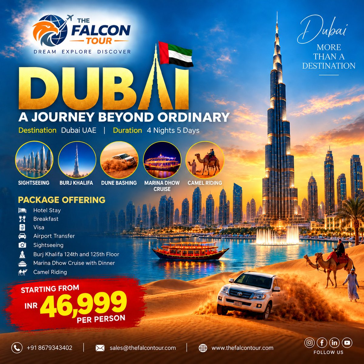 MAHMUTTOPALOGLU's tweet photo. Dubai awaits with The Falcon Tour. 4 Nights / 5 Days from ₹46, 999 per person

Includes hotel stay, breakfast, visa, airport transfers, sightseeing, Burj Khalifa, Marina Dhow Cruise dinner, camel riding and dune bashing. Dream. Explore. Discover. https://t.co/ZxRQah4hqI