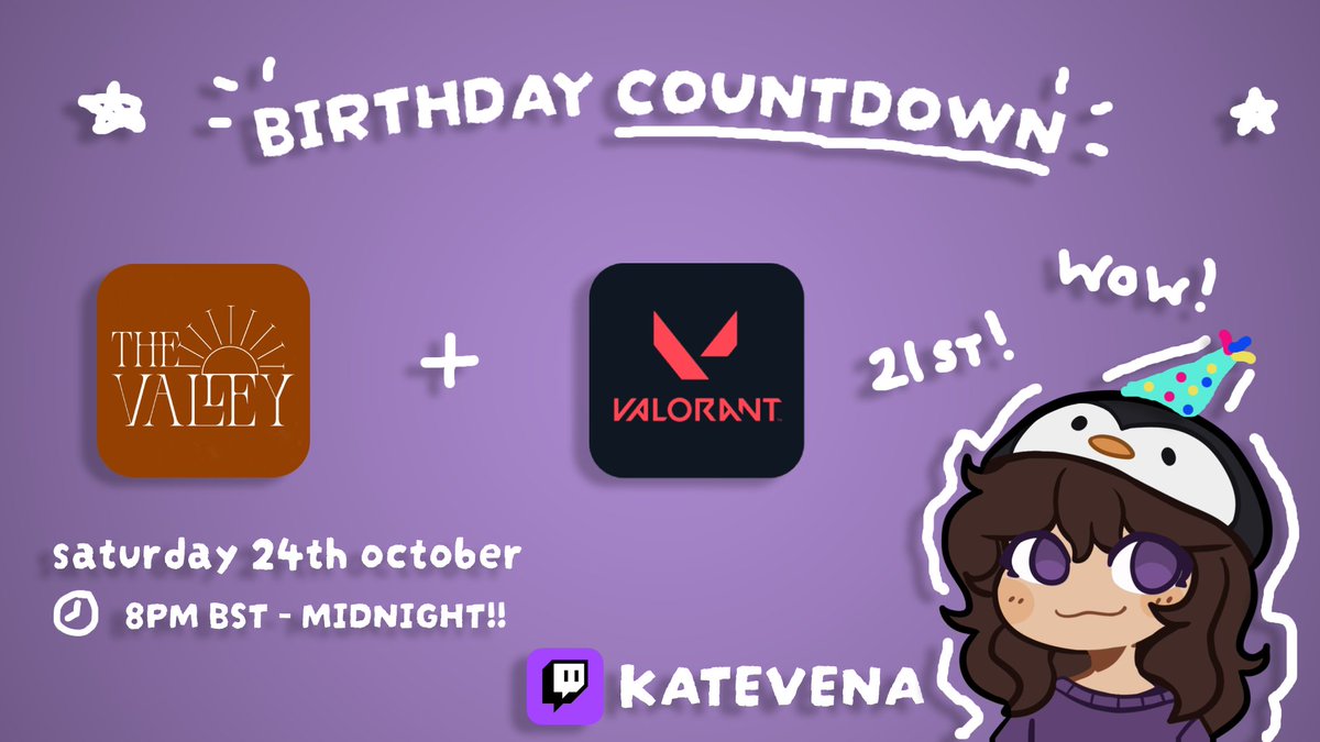 katevenaLIVE's tweet photo. 💌 YOU'RE INVITED 💌

my 21st birthday is on sunday, so i wanted to do a little countdown stream :D

it'll start on saturday at 8pm bst, and go until it hits MIDNIGHT on my birthday!

come celebrate with me :) 🎉 https://t.co/JLoNjCO7dI