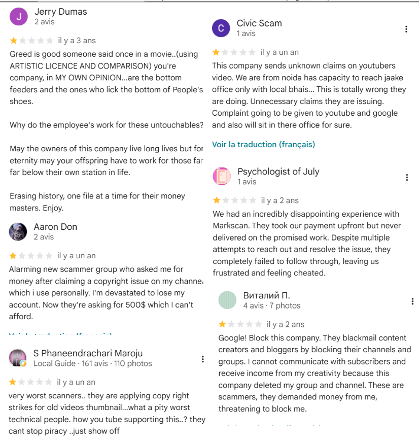 K4pp4_8's tweet photo. OKAY SO the company MarkScan named in the email seems to actually be the company Warner bros uses to copystrike their contentw although when i looked up the adress cited on google map there were many MANY reviews calling it a scam that constantly sends wrongful copyrights (1/2) https://t.co/wyBBTLmCKw