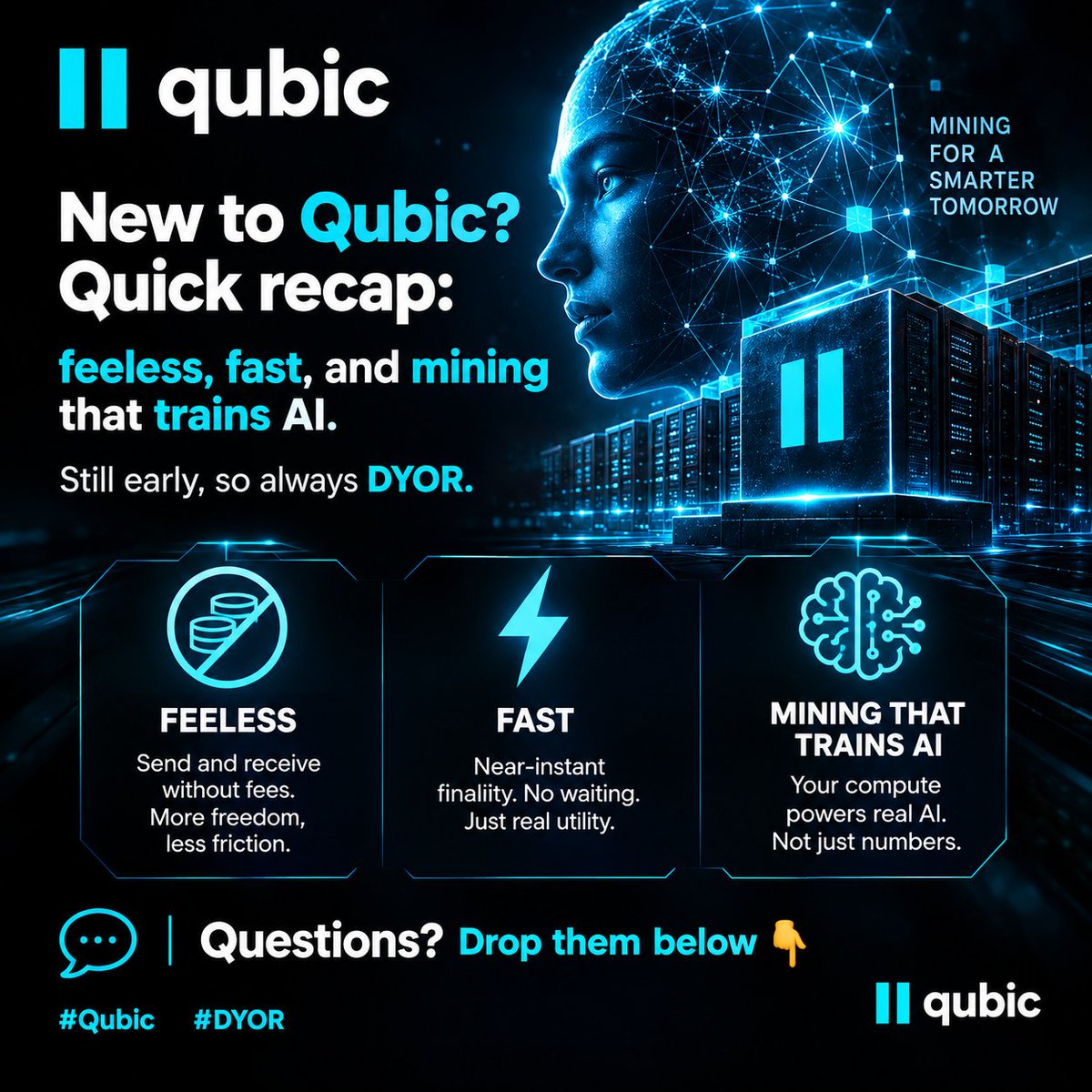 ShadowX_86's tweet photo. New to Qubic? Quick recap: feeless, fast, and mining that trains AI. Still early, so always DYOR. Questions? Drop them below 
#Qubic #DYOR https://t.co/0UQ1QVbmGq