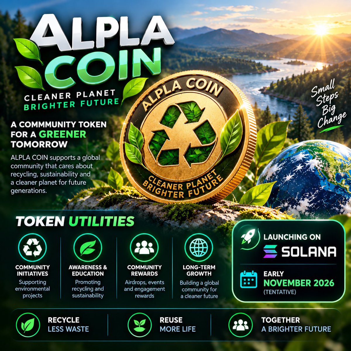 ALPLA_Coin's tweet photo. 🚀 ALPLA COIN — MORE THAN JUST A TOKEN! ♻️🌍

Our vision: a community powered by recycling, sustainability and positive change. 💚

🪙 Planned uses: community rewards, eco-challenges and future initiatives.

⏳ Solana launch planned for early November 2026!

🌐 https://t.co/CjxN1rAC0F

#ALPLA #Solana