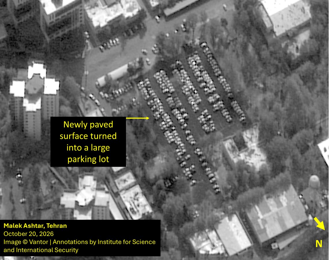 TheGoodISIS's tweet photo. NEW imagery update: Various levels of cleanup activities were observed at the three sites related to Mojdeh / Lavizan 2 following the March 2026 attacks: The main Mojdeh site was previously attacked in June 2025 and was undergoing rapid cleanup efforts, which the follow-on strikes in March 2026 appear to have effectively ended.  After several months of little activity, the attacked, large engineering-type building just north of the main Mojdeh site is currently in the process of being fully dismantled and cleared.  In the process, six containers that were stationed alongside the building before the attack were removed.  The remnants of the destroyed large building cluster at Malek Ashtar University have been fully cleaned up and the space was turned into a large parking lot accommodating the many personnel vehicles on site. See the figures for an overview of the area after the June 2025 war but before the attacks in the March 2026;  the various levels of cleanup activity around the area as of mid-September; and close-ups of the Mojdeh site, the engineering-type building, and the cleaned up area at Malek Ashtar University. 

Read the full report here: https://t.co/Ps1QABU4eQ